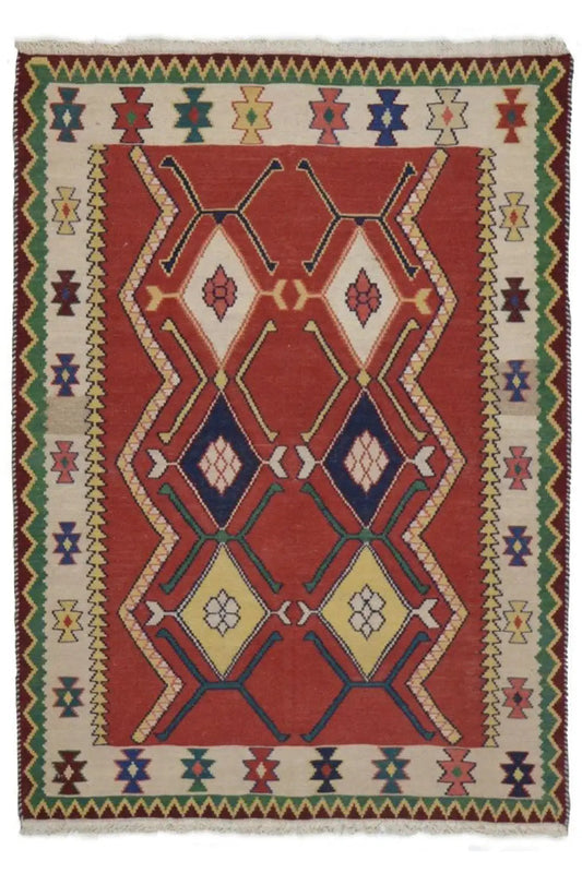 Kilim Qashqai rug, multicolored, central red diamond pattern with border, 143x107 cm