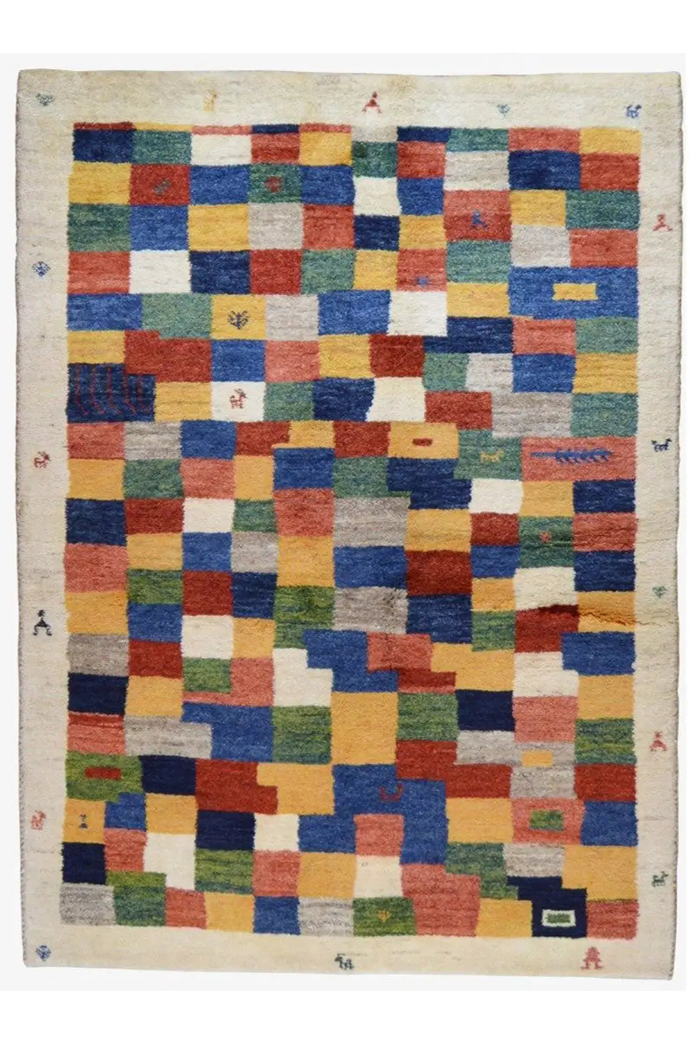 Gabbeh rug 203x147 cm, front view with a colorful square mosaic on a beige background
