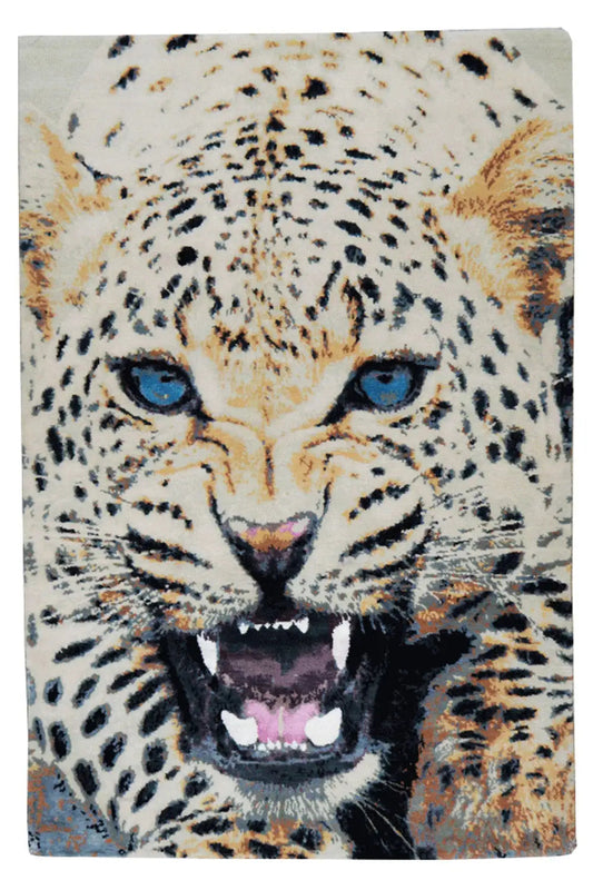 Designer rug with a leopard head at the front, blue eyes, and a black-and-brown spotted pattern