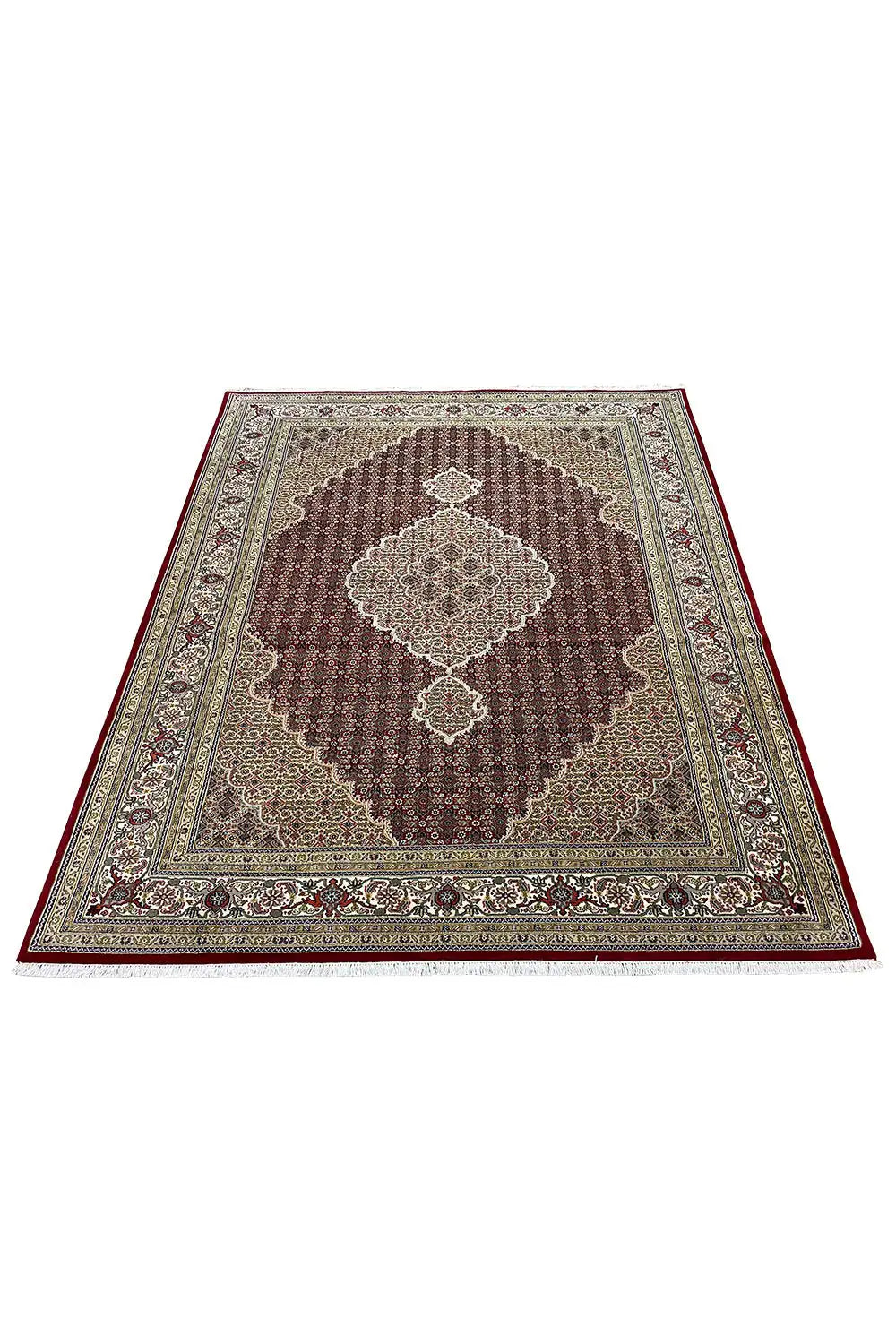 Indo Tabriz rug with central medallion and floral borders in a square format