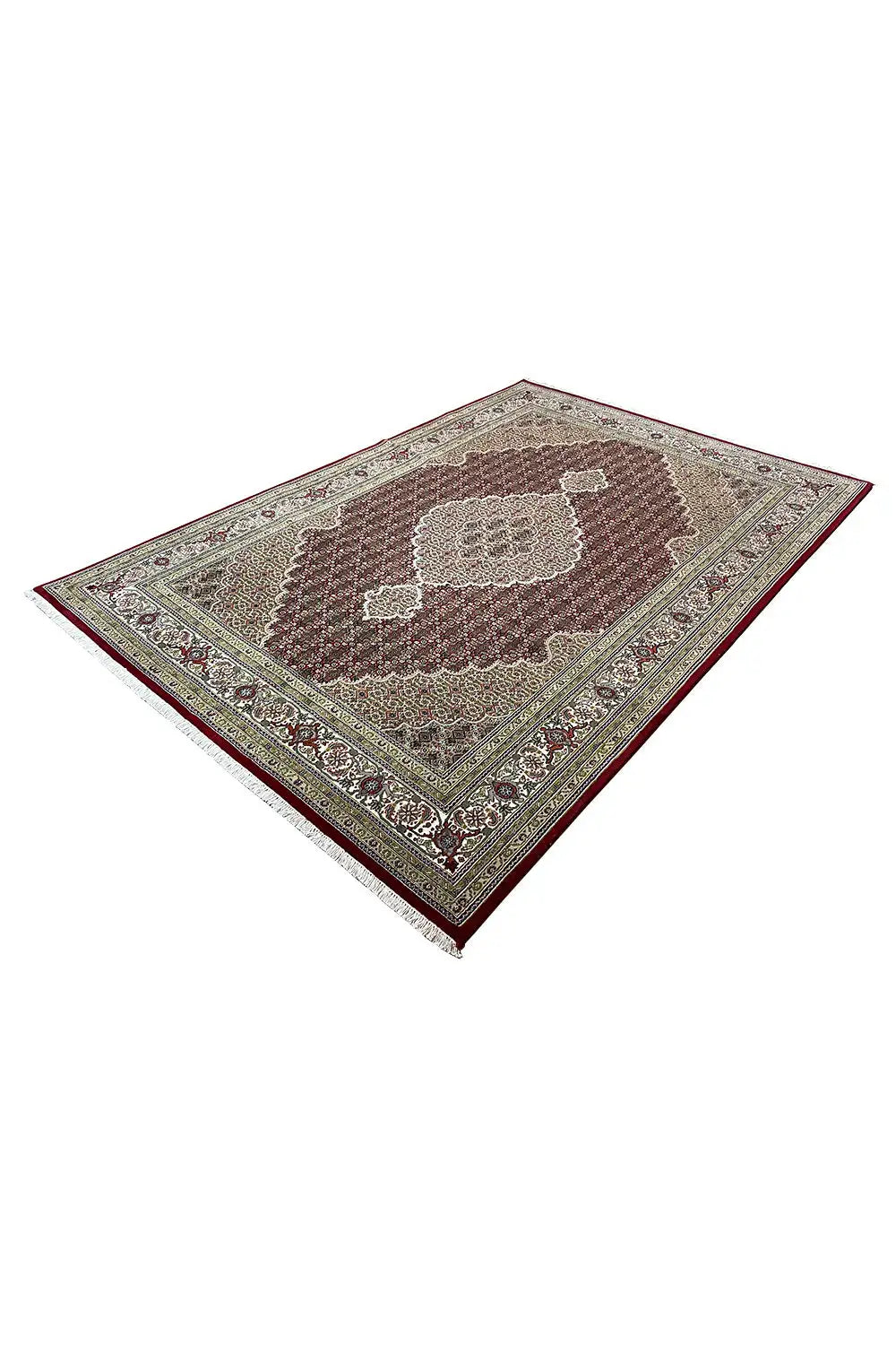 Indo Tabriz rug in diagonal view, central patterned area with an encircling border