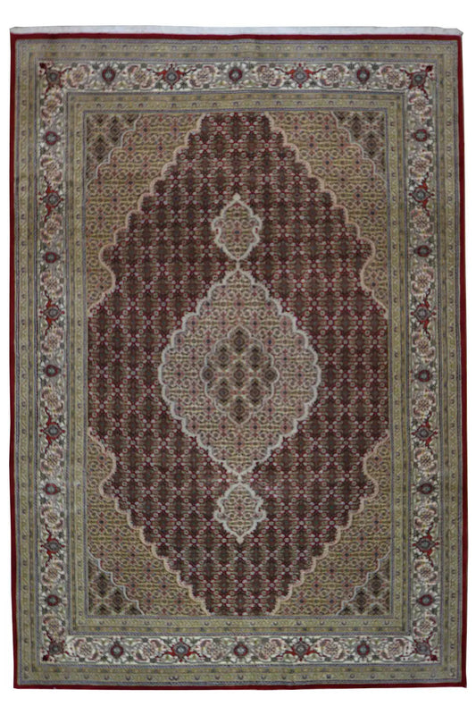 Indo Tabriz rug with medallion pattern, brown-beige, floral, rectangular