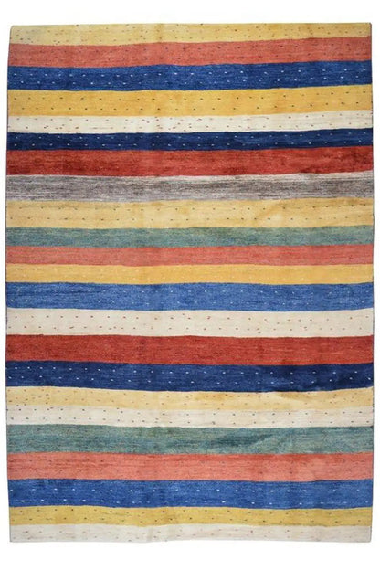 Gabbeh rug, rectangular, horizontal stripes in blue, red and beige, 283×202 cm