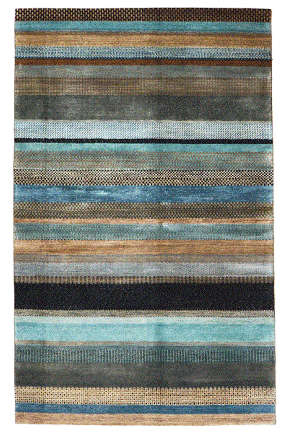 Gabbeh rug with a wide striped pattern in blue, brown, and beige, rectangular, 249x159 cm