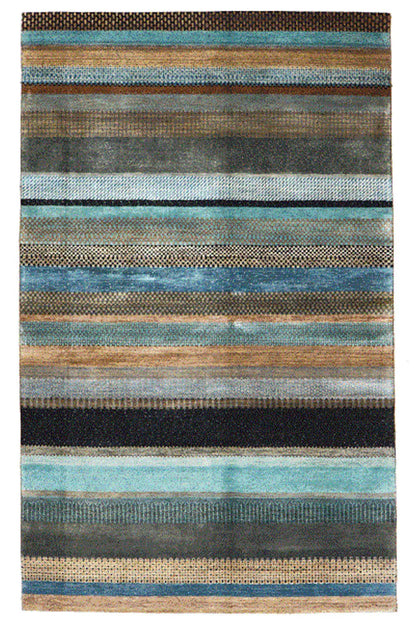 Gabbeh rug with a wide striped pattern in blue, brown, and beige, rectangular, 249x159 cm