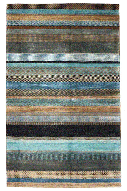 Gabbeh rug with a wide striped pattern in blue, brown, and beige, rectangular, 249x159 cm