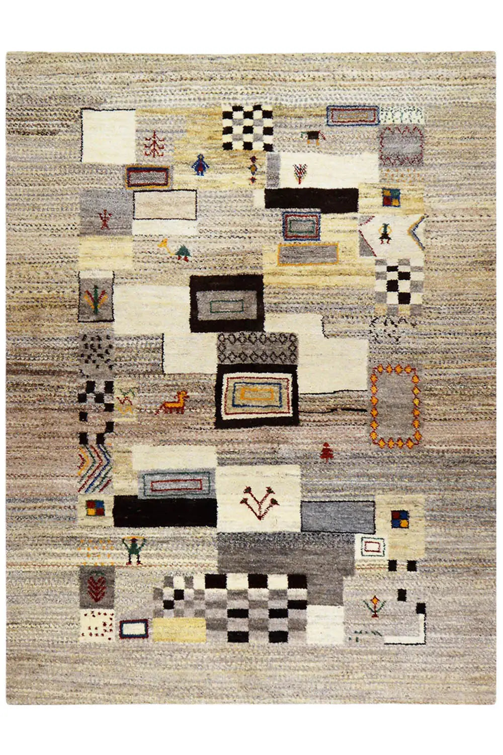 Gabbeh rug with many small decorative elements and squares on a light beige background