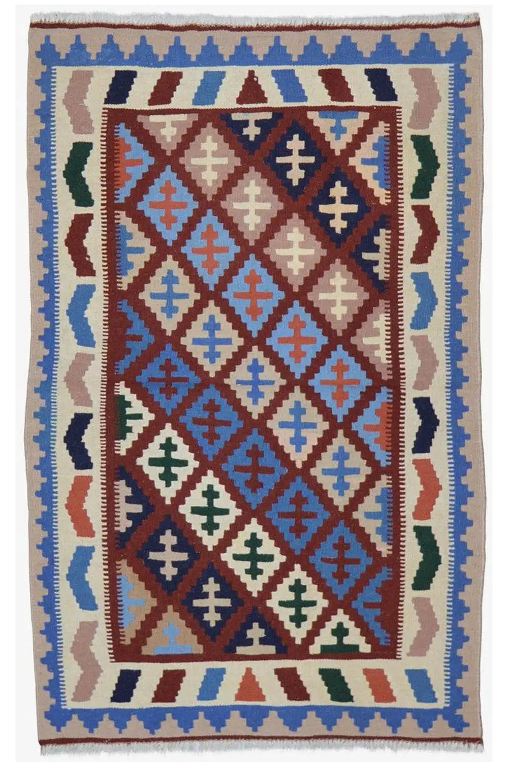 Kilim Qashqai multicolor rug with diamond and zigzag patterns, rectangular