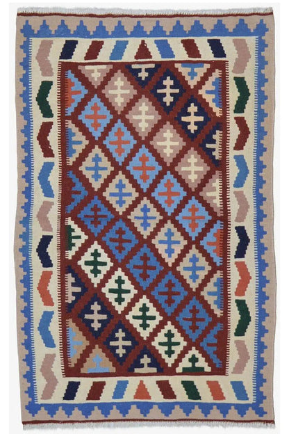 Kilim Qashqai multicolor rug with diamond and zigzag patterns, rectangular