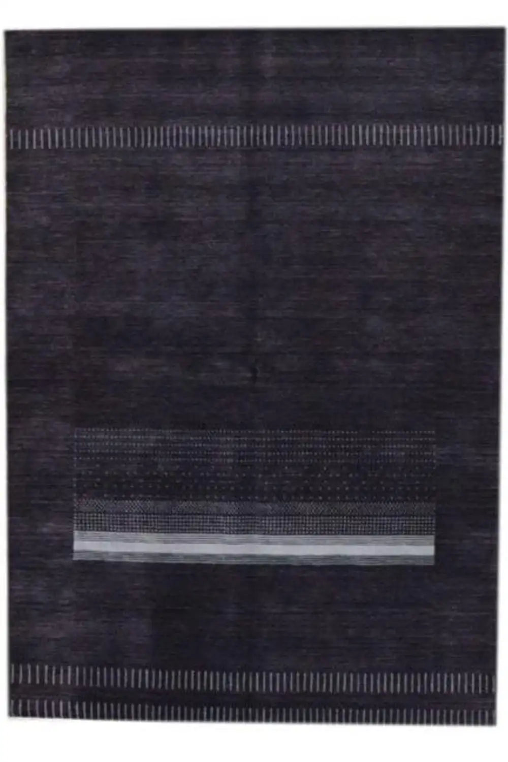 Gabbeh handwoven rug (242x172 cm), front view: dark gray with a light rectangle and stripes