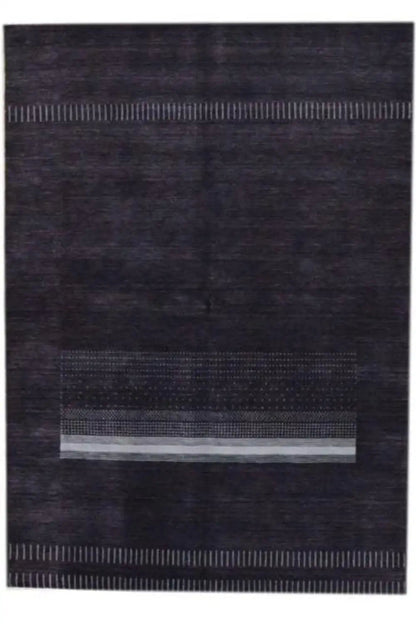 Gabbeh handwoven rug (242x172 cm), front view: dark gray with a light rectangle and stripes