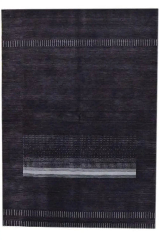 Gabbeh handwoven rug (242x172 cm), front view: dark gray with a light rectangle and stripes