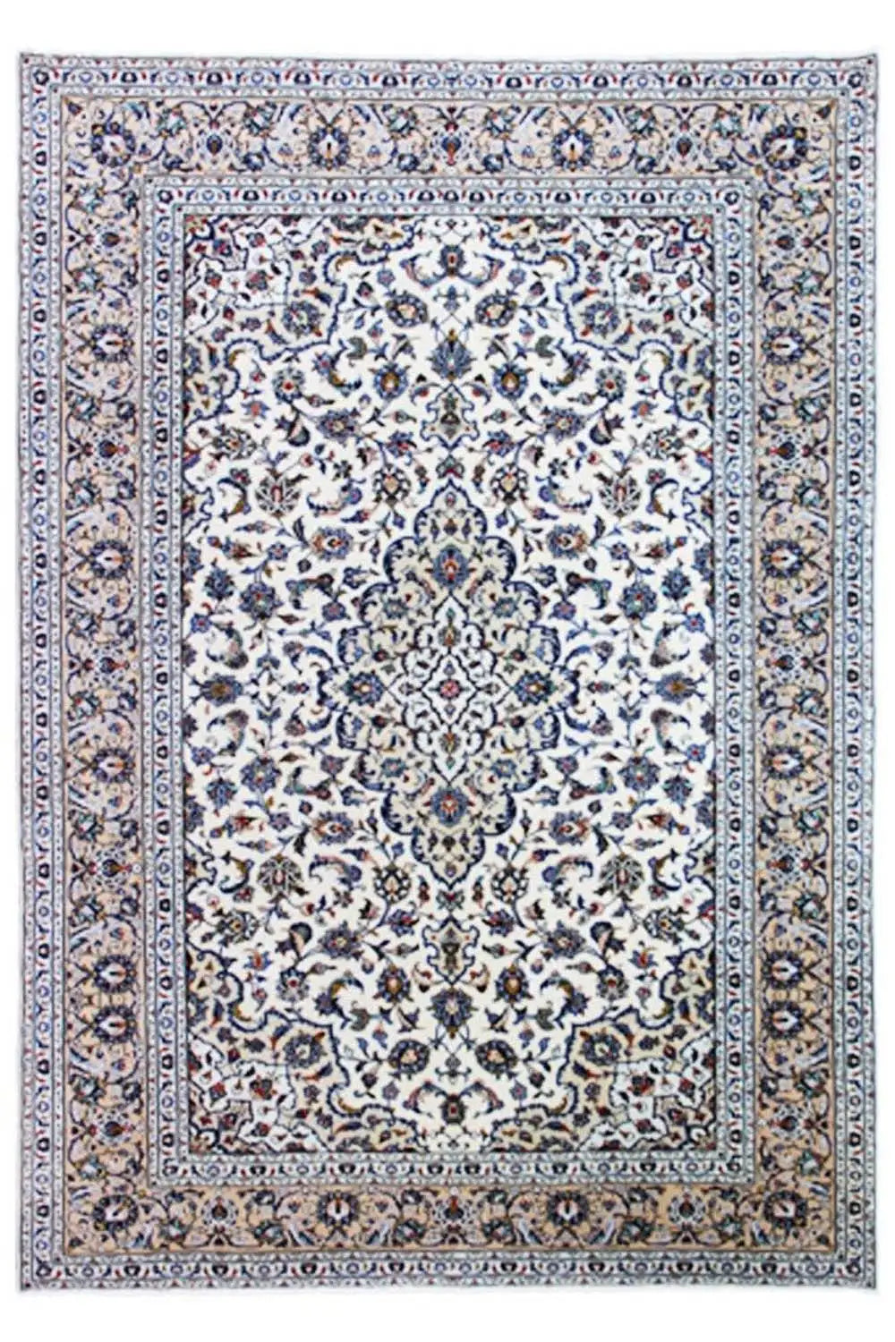 Beige rug with a white medallion and blue border decoration, rectangular