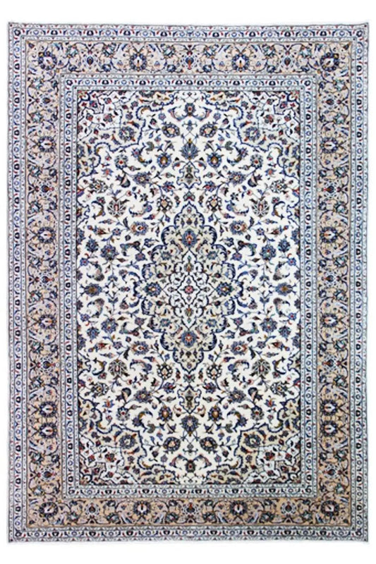 Beige rug with a white medallion and blue border decoration, rectangular