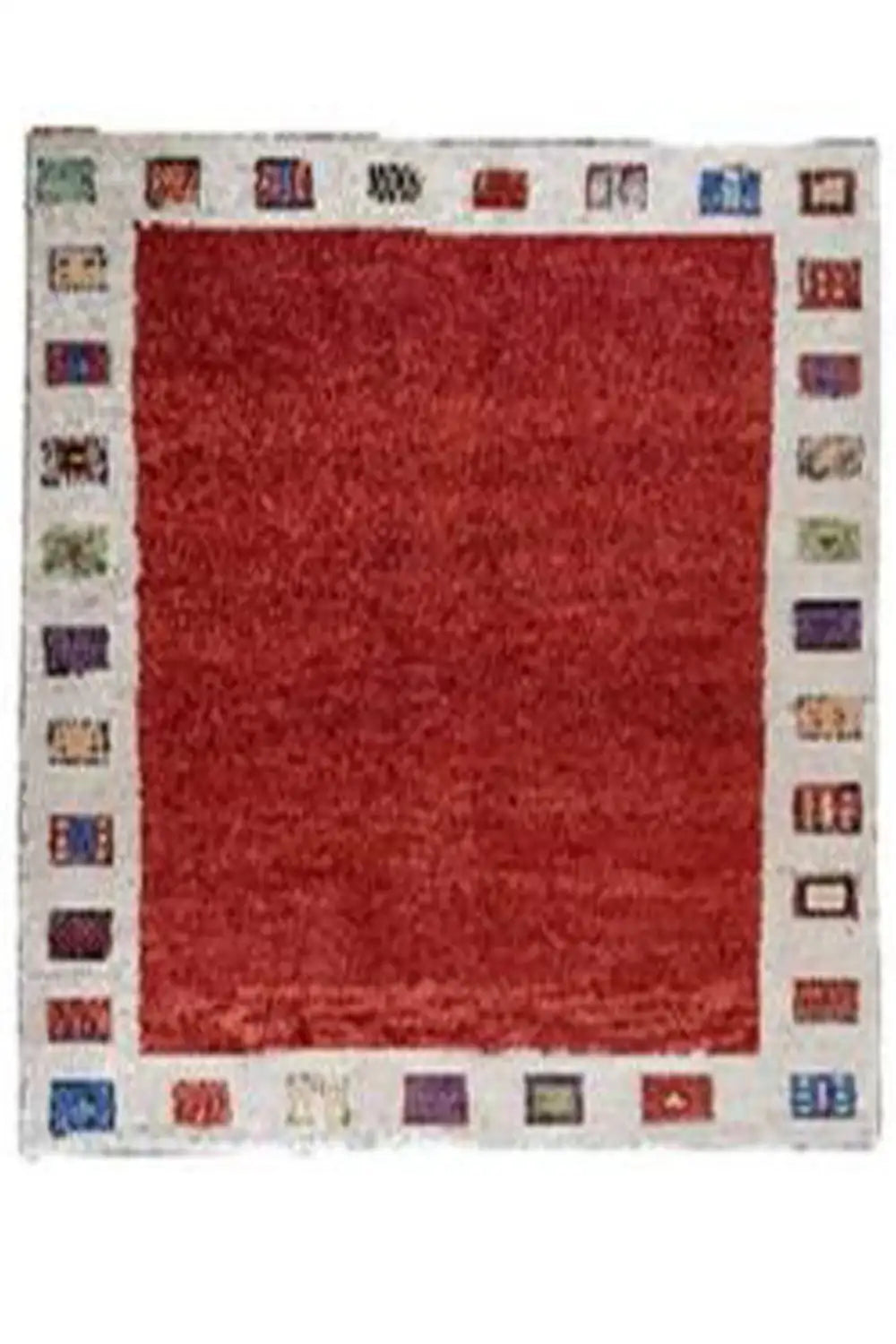 Rectangular Gabbeh rug, red center and beige border with colorful geometric squares