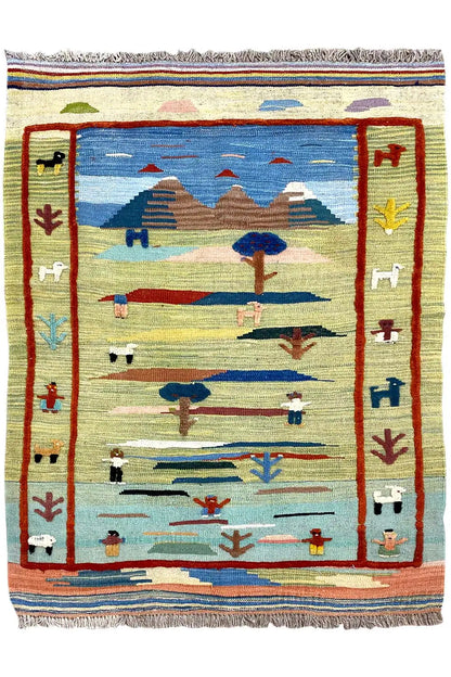 Kilim rug with a landscape motif, trees and figures, blue-yellow-red color blocks, with fringes