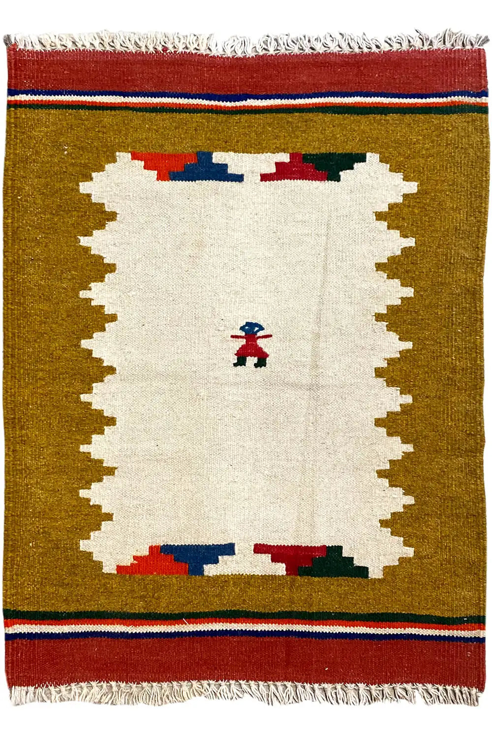 Square ochre kilim rug with a white central field, figurative motif and fringe
