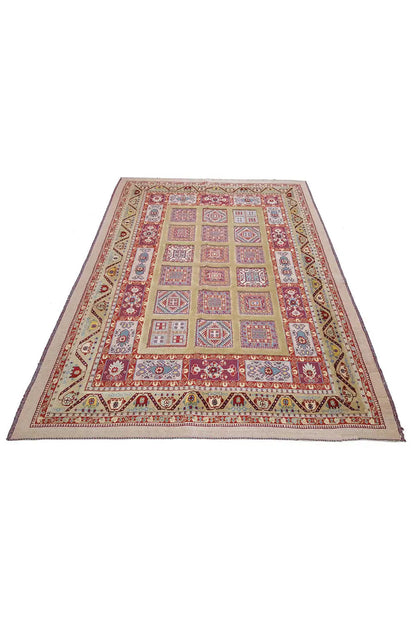 Soumakh rug 220x149 cm with a geometric pattern in shades of red, blue, and beige