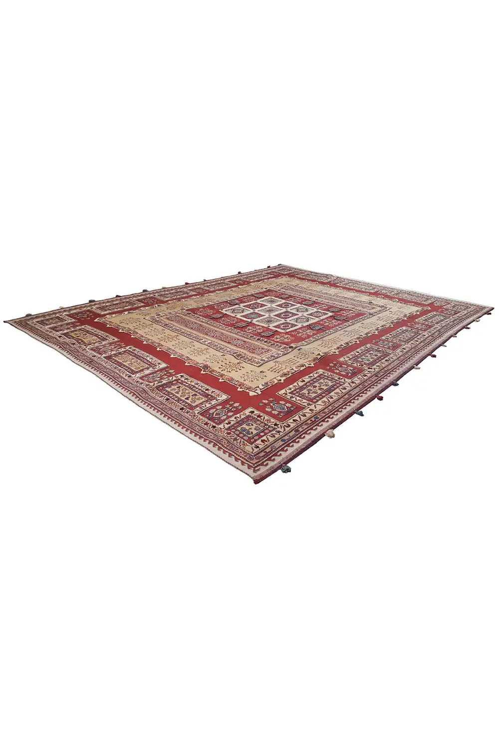 Rug corner: red field with beige ornaments and a blue decorative band, flat-woven