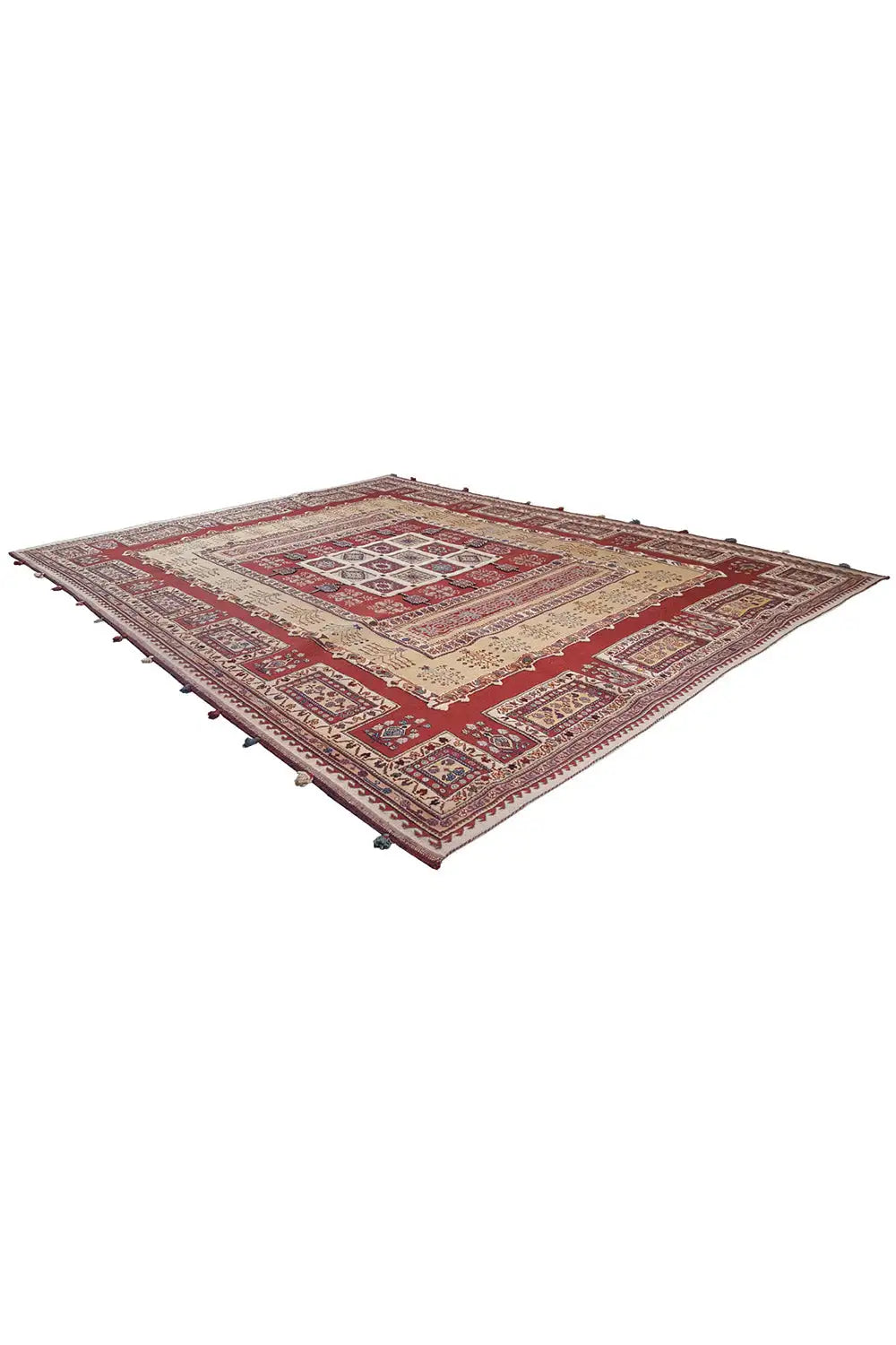 Carpet viewed from above: red background, beige medallion, and blue vine pattern