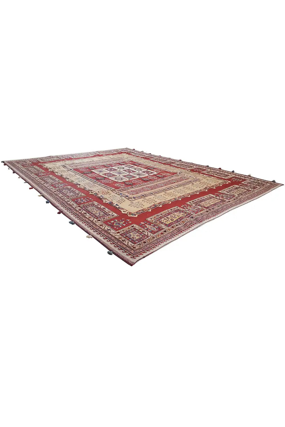 Rug laid flat: red-and-beige motifs with a blue border and edging