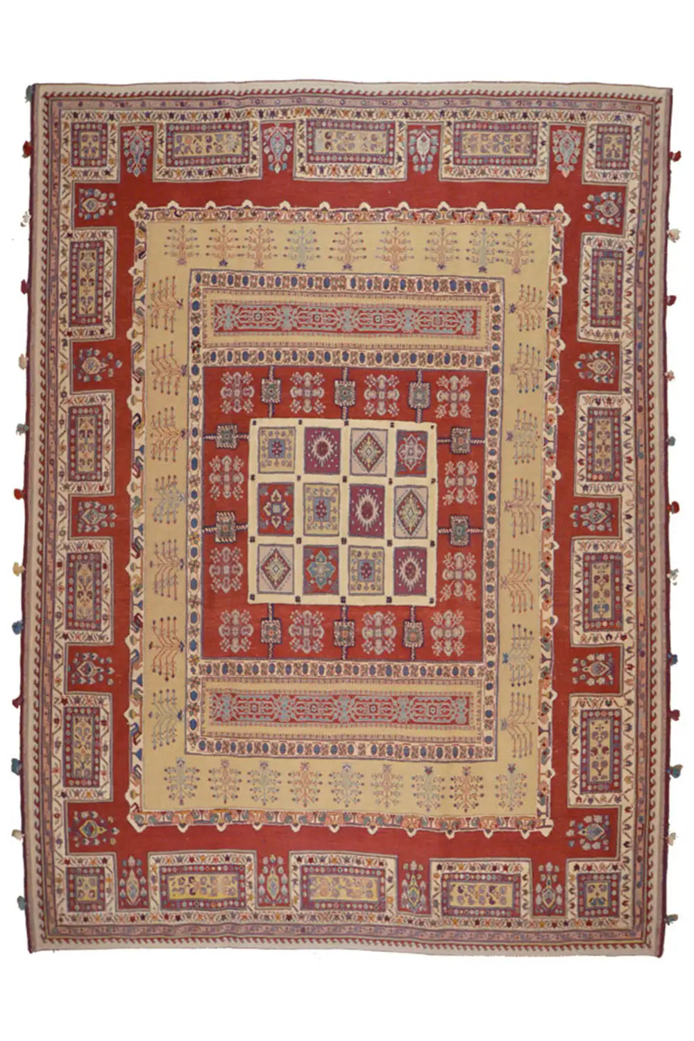 Rug: red background, beige central field, blue patterned border