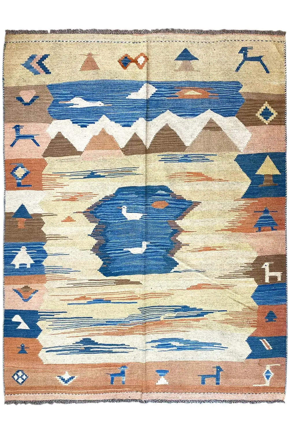 Kilim rug with landscape/mountain motif, blue and brown on a light background