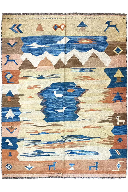 Kilim rug with landscape/mountain motif, blue and brown on a light background