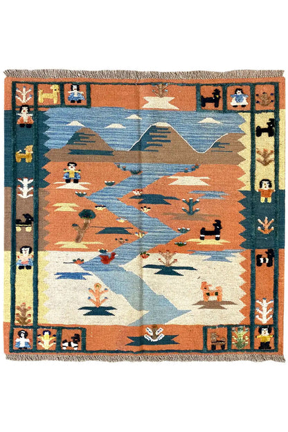 Kilim rug with figurative motifs in blue, brown, and beige, framed by a decorative border