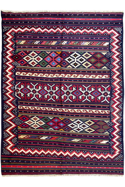 Kilim rug front view: border pattern, diamonds and zigzags, dark blue with colorful accents