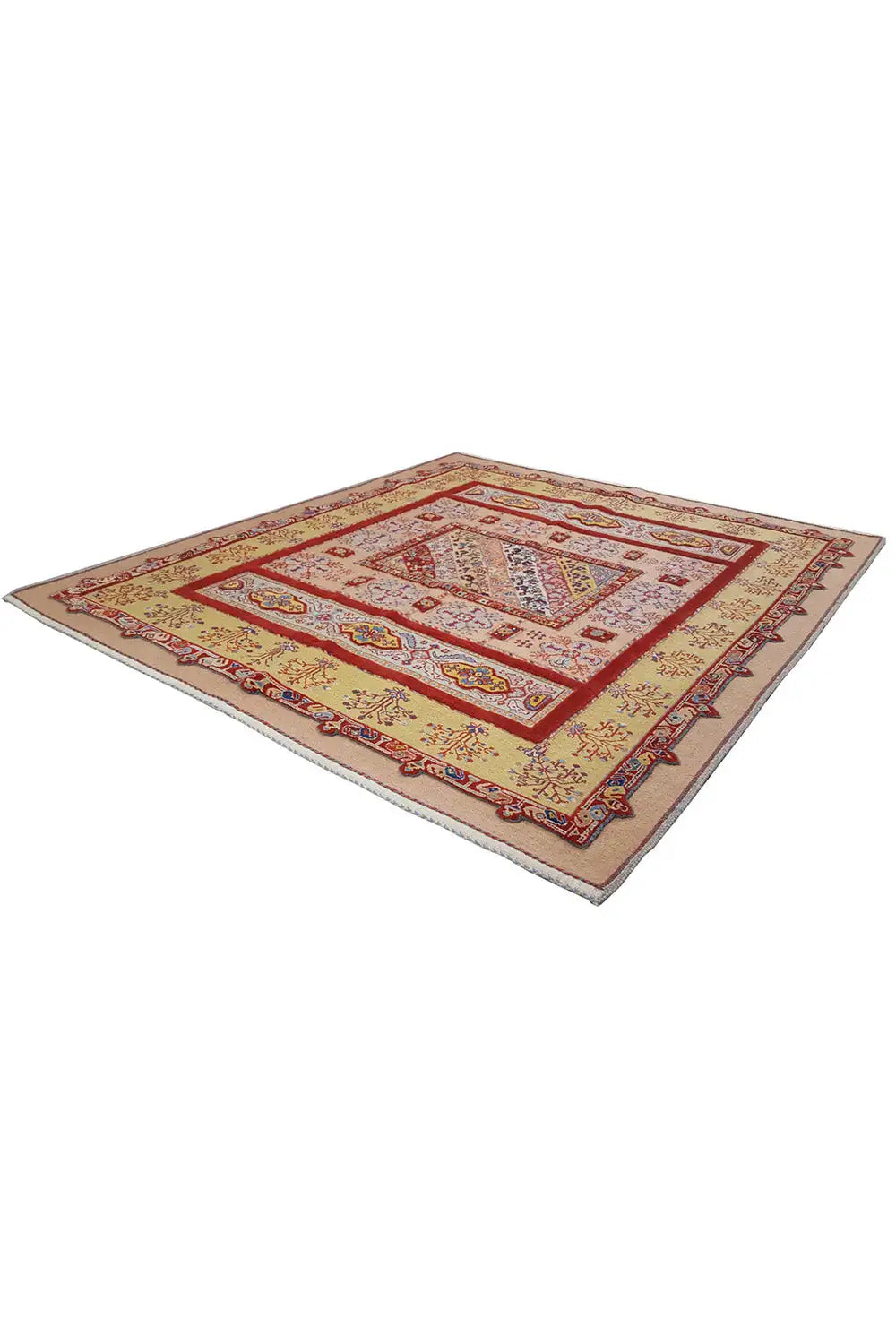 Soumak rug 172x155 cm, cream-colored with a red and blue ornamental pattern