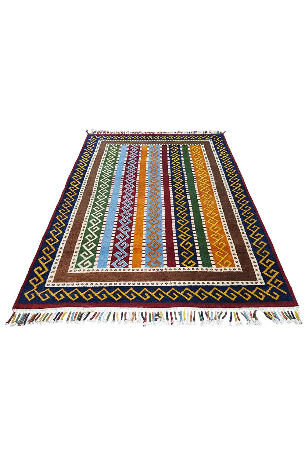 Gabbeh rug “Lori” blue: multicolored interior motifs with a surrounding border and fringes