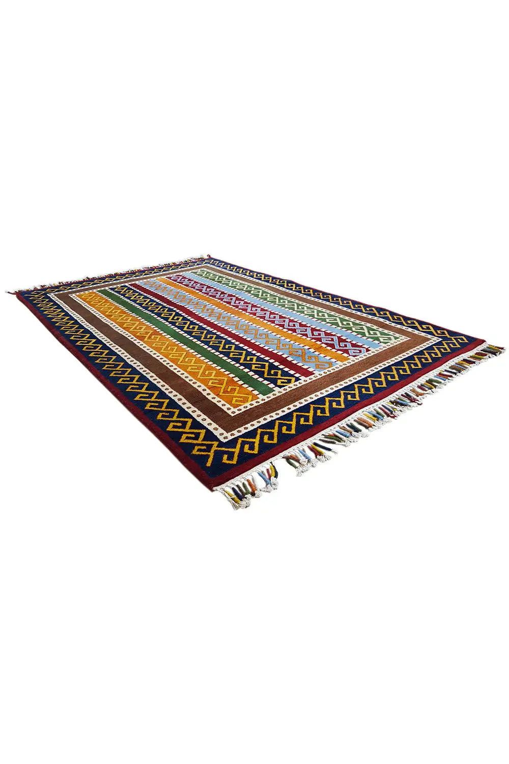 “Lori” Gabbeh rug laid at an angle: multicolored ornamental bands with a blue background and fringes