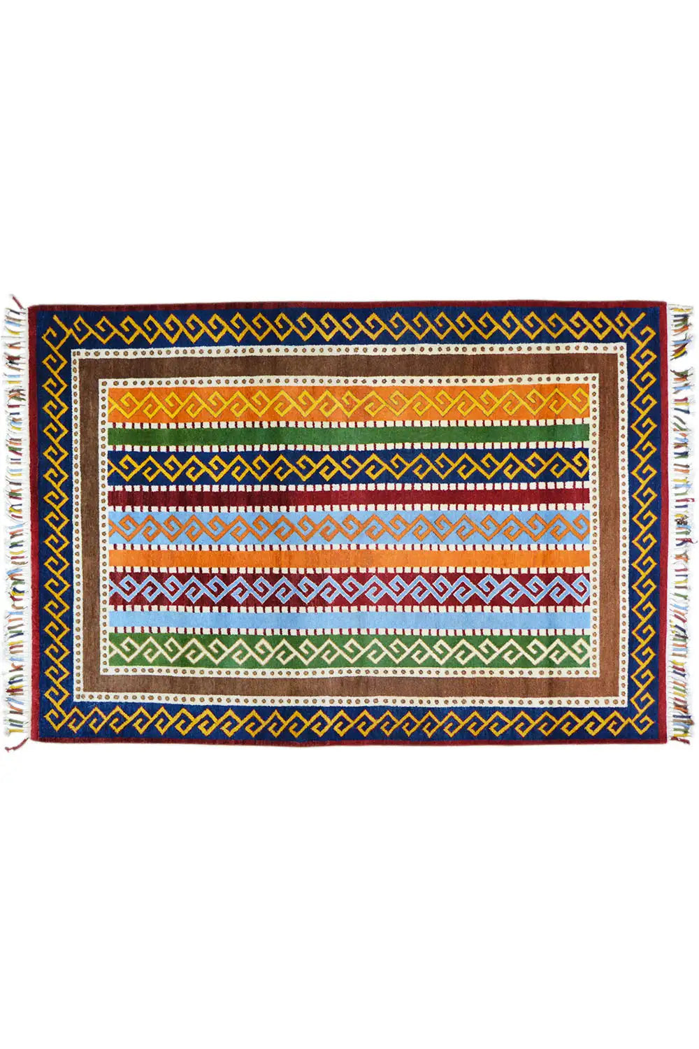 Gabbeh rug “Lori”: rectangular ornamental band in red, green, yellow, and blue, surrounding border