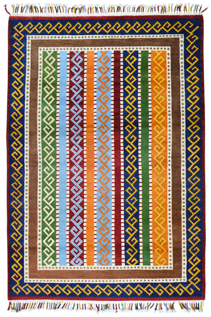 “Lori” blue Gabbeh rug with a geometric border pattern and multicolored central field