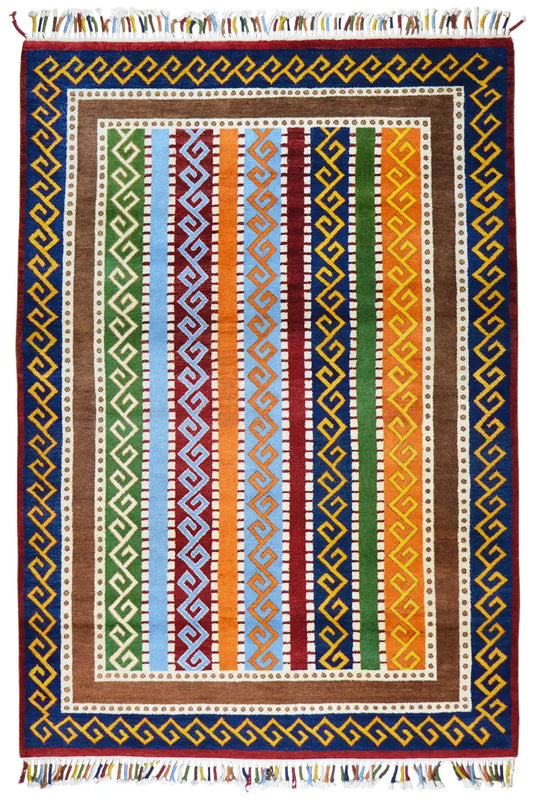“Lori” blue Gabbeh rug with a geometric border pattern and multicolored central field