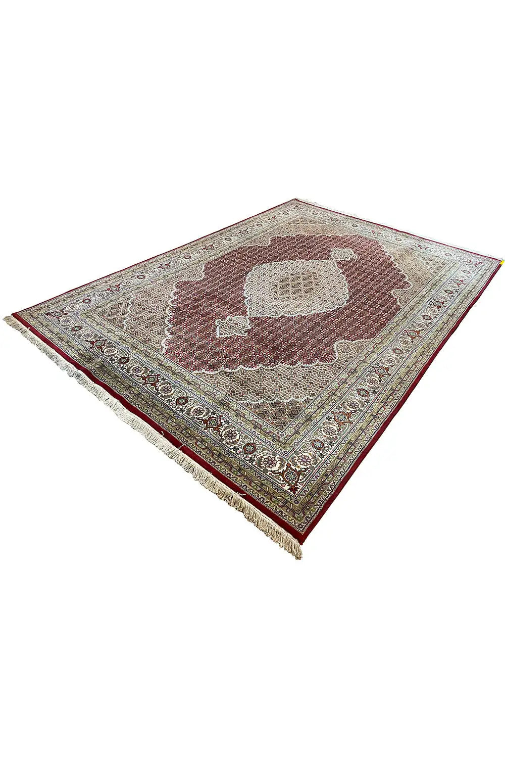 Indo Tabriz rug laid out, square, reddish-brown and beige medallion-style ornaments