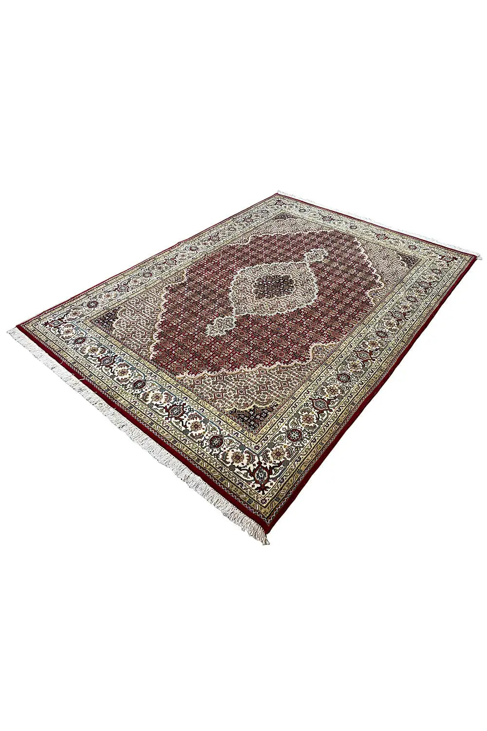 Oriental rug in diagonal view, medallion in wine-red brown and beige pattern