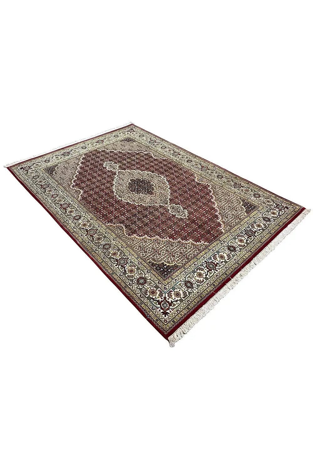 Oriental rug with a square border and central medallion in burgundy and beige