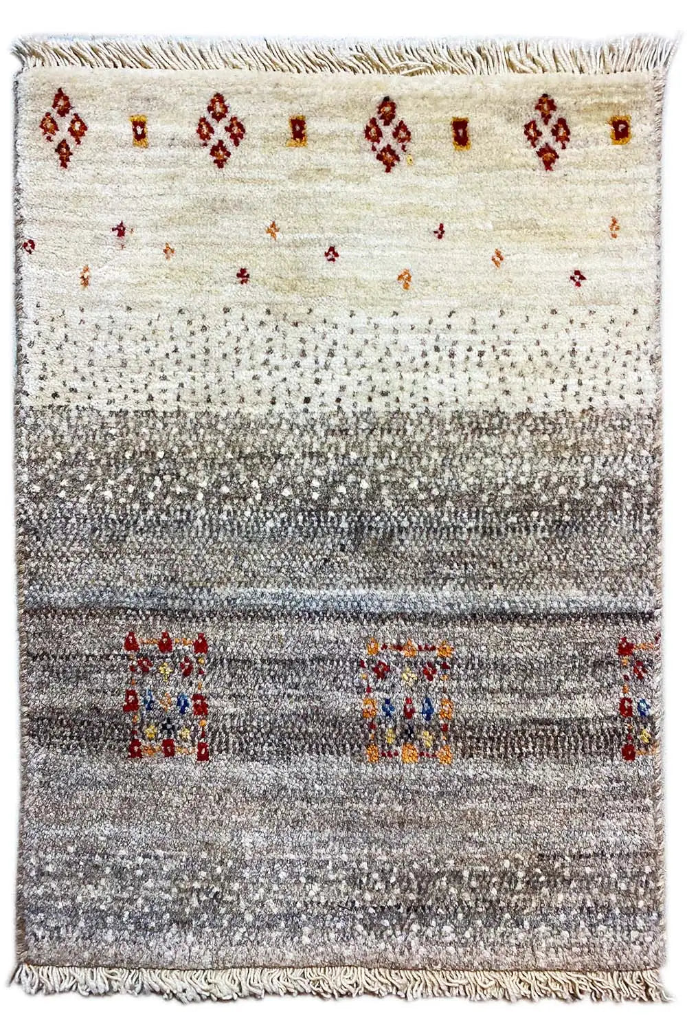 Gabbeh rug 57x41 cm, light beige with a gray central band and red motifs, fringes