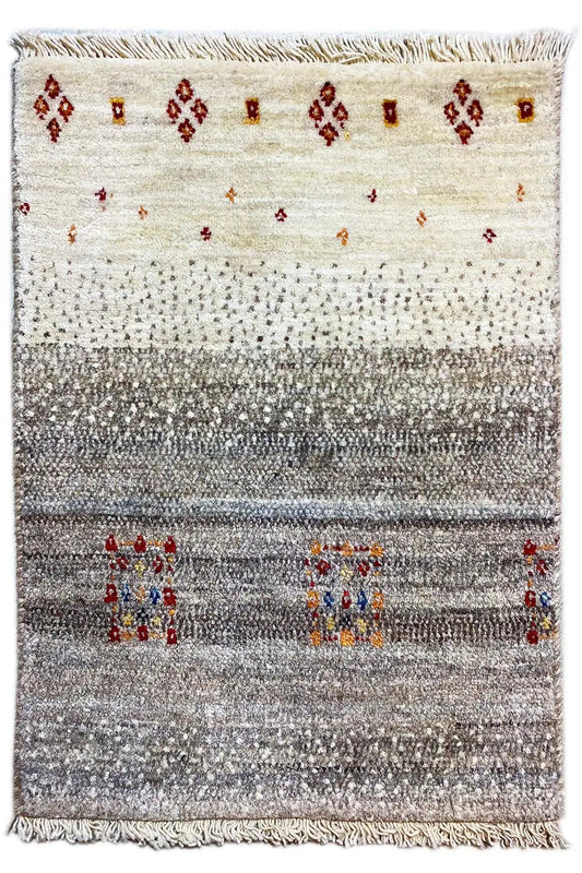 Gabbeh rug 57x41 cm, light beige with a gray central band and red motifs, fringes