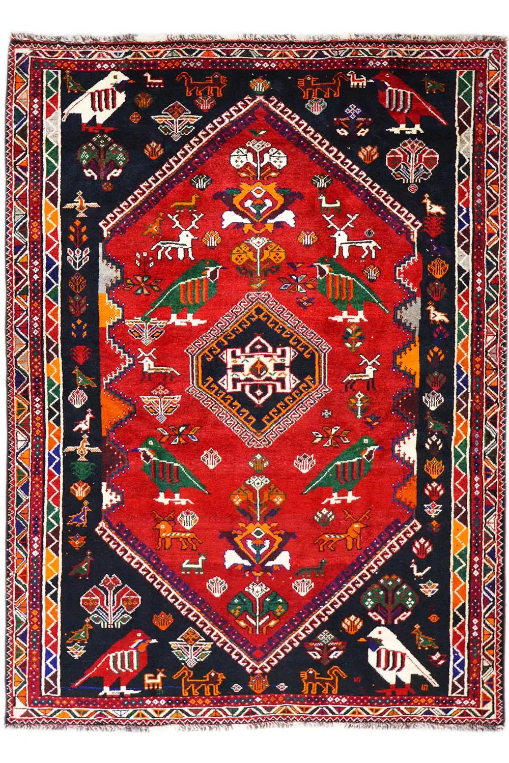 Shiraz rug 255x170 cm: red medallion, multicolored animal motifs, and decorative border.