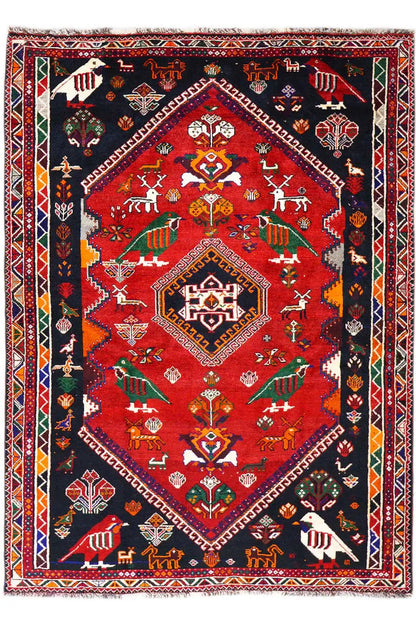 Shiraz rug 255x170 cm: red medallion, multicolored animal motifs, and decorative border.