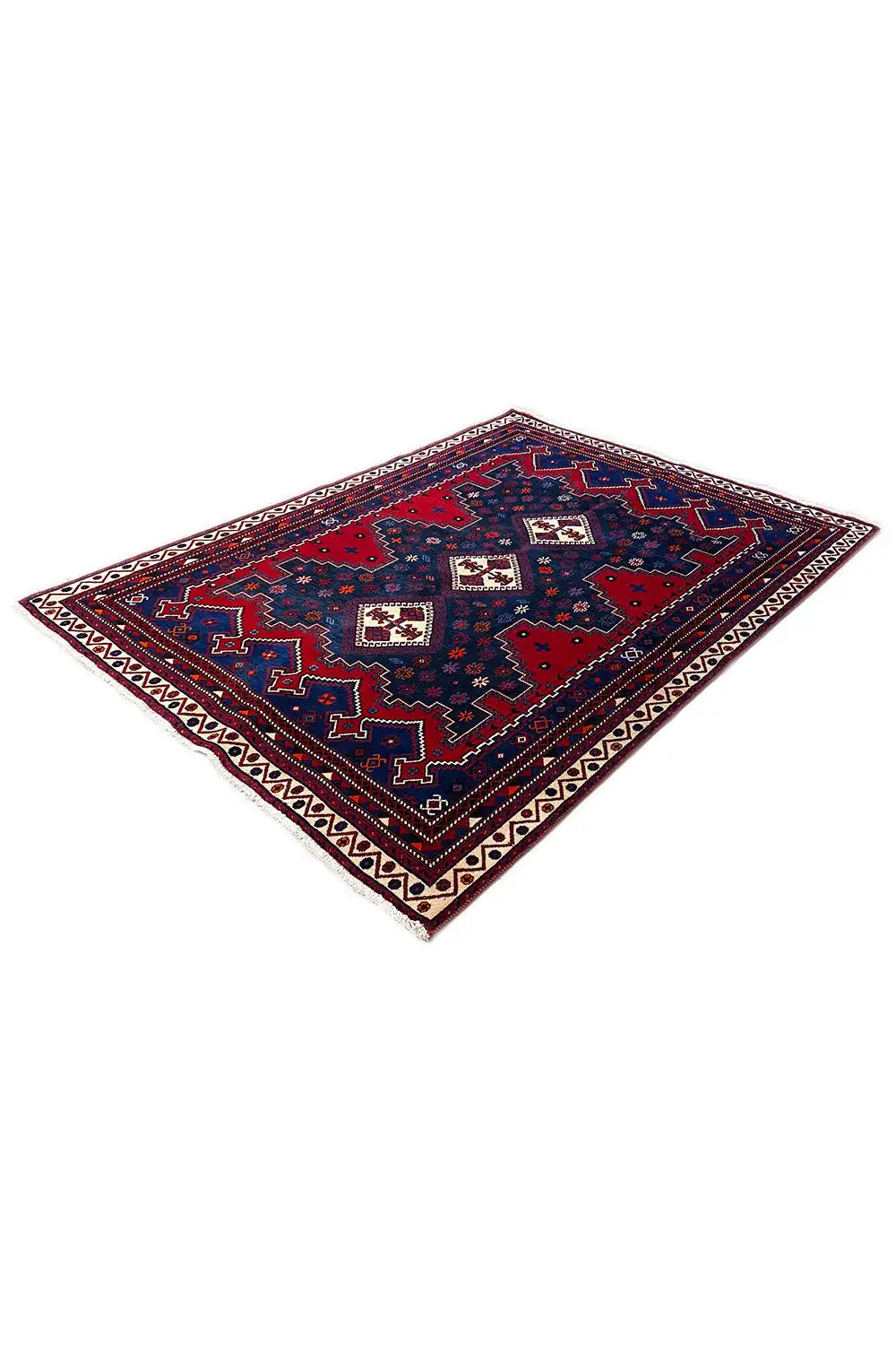 Rug 232x171 cm with a red and blue geometric design and cream-colored border trim