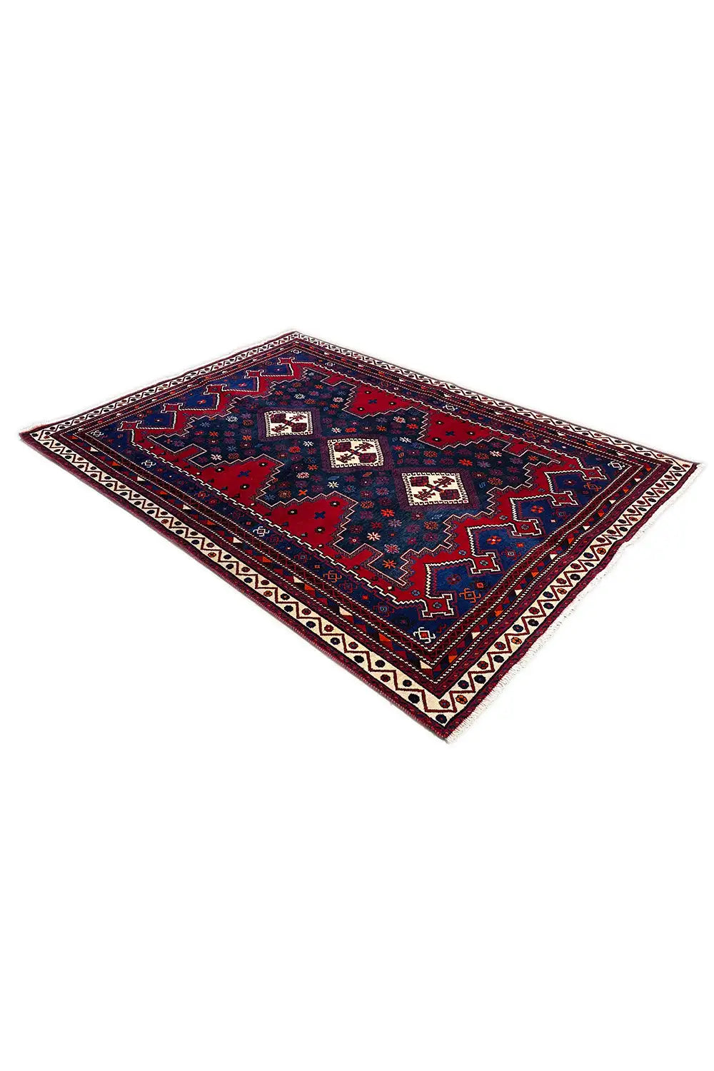 Rug 232x171 cm with a red and blue pattern, central diamonds, and border