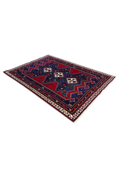 Rug 232x171 cm with a red and blue pattern, central diamonds, and border