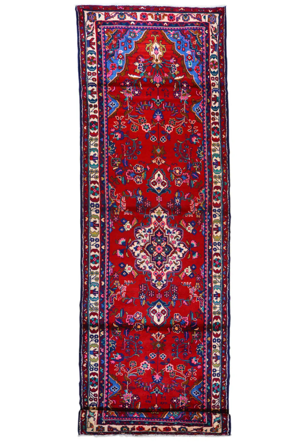 Hamadan runner: fully laid out, red Persian pattern with border