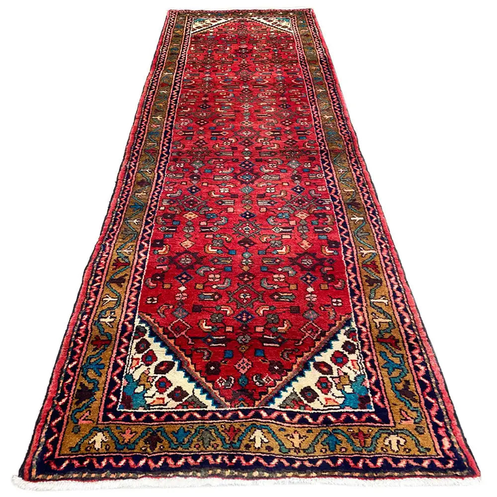 Hamadan runner front view: red runner with a blue-beige border and central pattern.
