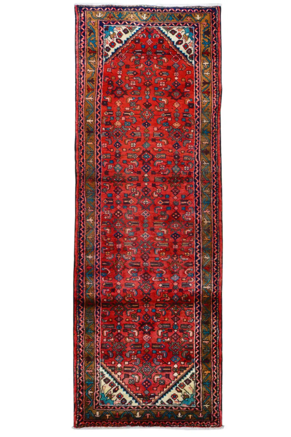 Rectangular Hamadan rug with a red background, border framing, and multicolored ornaments.
