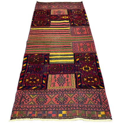 Bakhtiari kilim rug, wide stripes and diamond panels, with fringe along the bottom edge